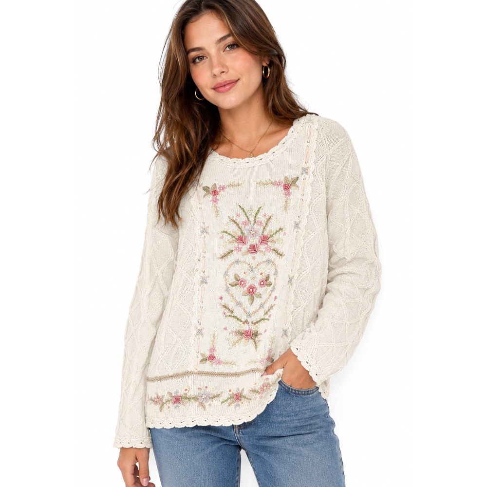 Bedford Fair Floral Sweater Womens S Pink Embroidered Knit Cottagecore‎ Vintage
